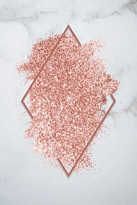 Pink gold glitter with a brownish red rhombus frame on a grayish white marble background vector
