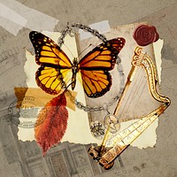 Vintage aesthetic ephemera collage, mixed media background featuring butterfly and harp psd