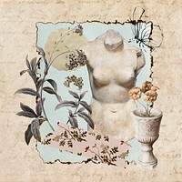 Vintage aesthetic ephemera collage, mixed media background featuring Greek statue and flower psd