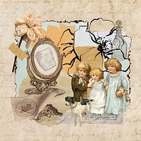 Vintage aesthetic ephemera collage, mixed media background featuring kids and flower psd