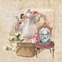 Vintage aesthetic ephemera collage, mixed media background featuring teapot and Greek statue head psd