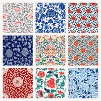 Oriental flower seamless pattern background, vintage colorful Chinese art psd set
