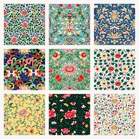 Oriental flower seamless pattern background, vintage colorful Chinese art psd set