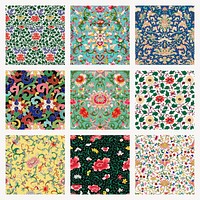 Oriental flower seamless pattern background, vintage colorful Chinese art vector set