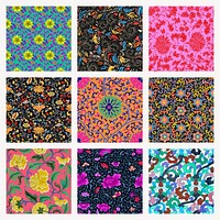 Oriental flower seamless pattern background, vintage colorful Chinese art psd set