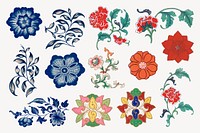 Flower illustration, aesthetic vintage Chinese design element vector set