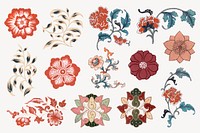 Flower illustration, aesthetic vintage Chinese design element psd set