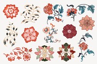 Flower illustration, aesthetic vintage Chinese design element vector set