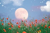 Red flower field background, moon bling pastel sky design psd