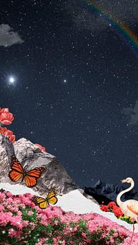 Night landscape phone wallpaper,  surreal collage art background