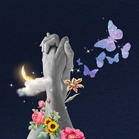 Surreal hands collage element, floral collage art psd