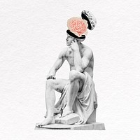 Brain statue collage element, thought bubble psd