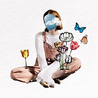 Woman collage element, surreal escapism mixed media psd