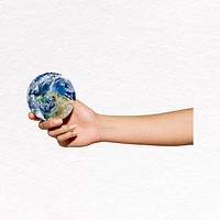 Hand holding globe collage element psd