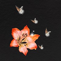 Red lily collage element, butterfly bling psd