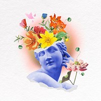 Flower head statue collage element, mixed media psd