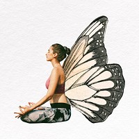 Butterfly wing woman collage element, yogini psd