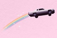 Vintage flying car collage element, rainbow bling psd