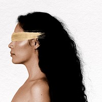 Blindfolded woman collage element, side view portrait psd