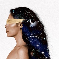 Side portrait woman collage element, celestial design psd