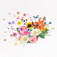 Floral bouquet collage element, botanical illustration psd