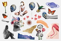 Health & wellness collage set clip art, surreal mixed media design vector