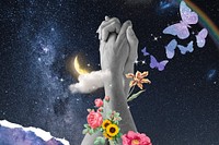 Holding hands background, sky surreal collage mixed media illustration psd
