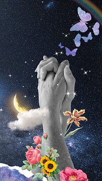 Clasped hands phone wallpaper, galaxy sky collage background