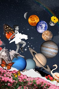 Surreal escapism background, planet collage art mixed media illustration