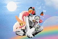 Women collage art background, rainbow sky mixed media illustration