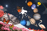Outer space landscape background, little girl mixed media illustration