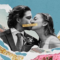 Couple kissing collage element, torn paper mixed media illustration psd