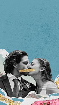 Lovers kissing mobile wallpaper, ripped paper background