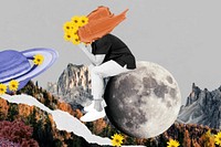 Moon collage art background, surreal escapism design vector