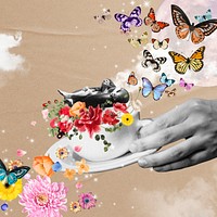 Surreal sky collage element, coffee cup mixed media illustration psd