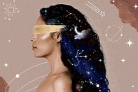 Woman side portrait background, blindfolded celestial design vector