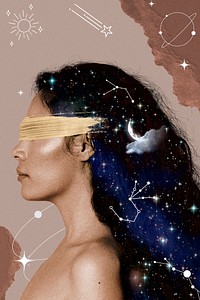 Side portrait woman background, celestial mixed media illustration