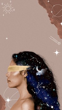 Side portrait woman mobile wallpaper, celestial mixed media background