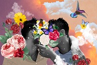 Gay couple kissing background, floral face collage art design vector