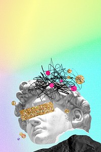 Blindfolded sculpture head background,  rainbow mixed media illustration