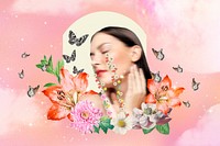 Self love background, floral face woman mixed media illustration
