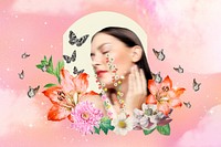 Self love background, floral face woman mixed media illustration psd