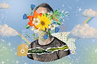 Flower face man background, sky mixed media illustration psd