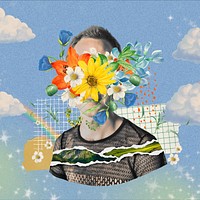 Flower face man collage element, sky mixed media illustration