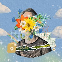 Flower face man collage element, sky mixed media illustration psd