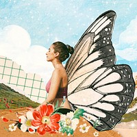 Woman meditation illustration, butterfly wing mixed media design psd