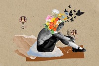 Sad woman background, surreal escapism design vector