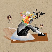 Sad student collage element, education mental health mixed media illustration psd