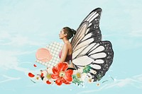 Woman meditation background, butterfly wing mixed media vector