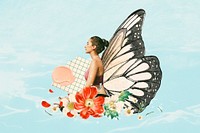 Woman meditation background, butterfly wing mixed media design psd